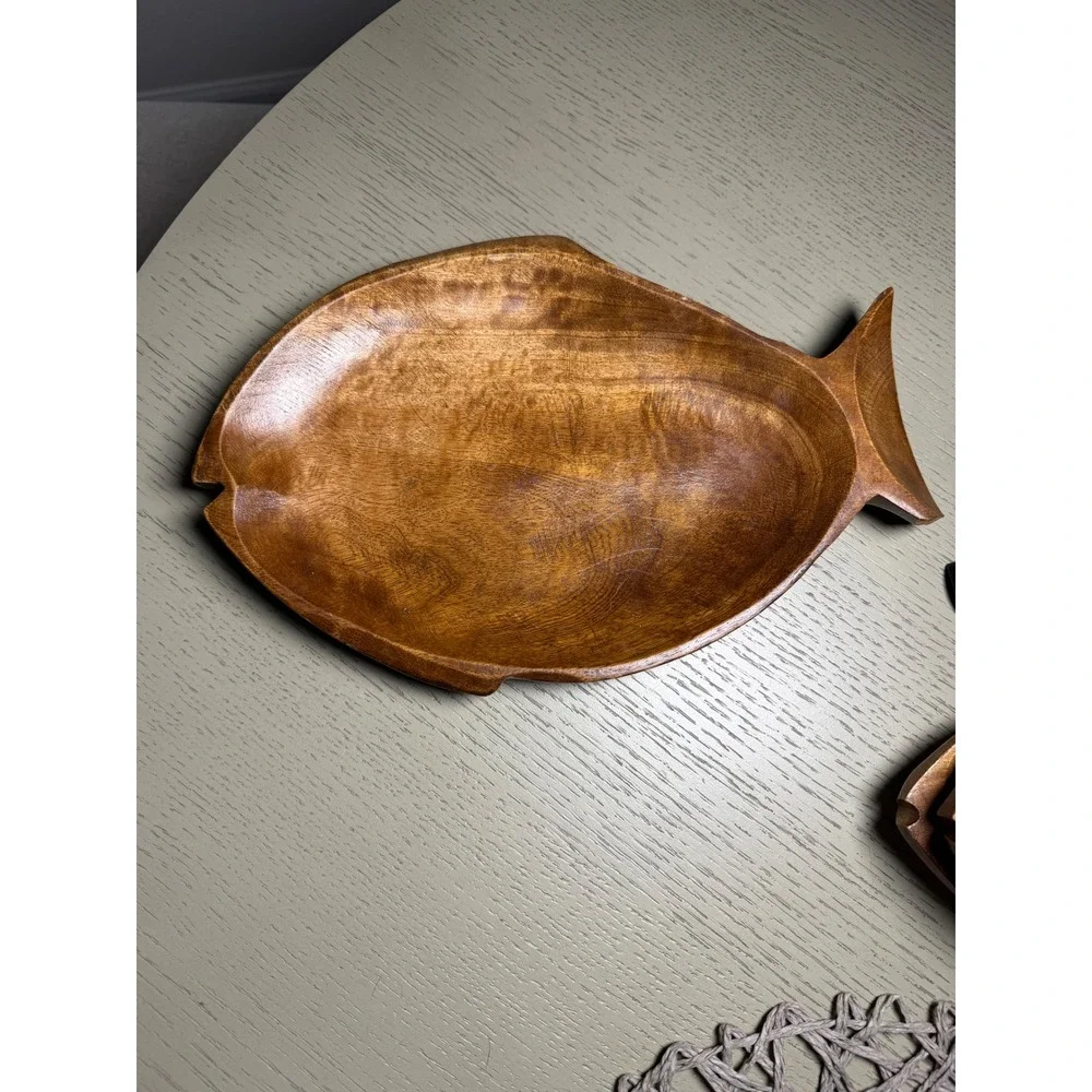 Vintage Hand Carved Acacia Wood Fish Serving Set Platter and Bowls 3 Piece Brown